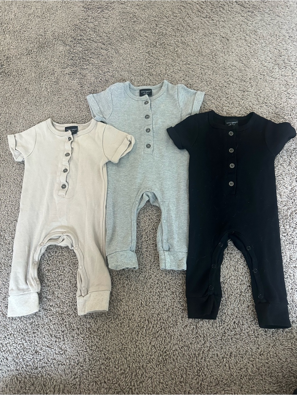 Little Bipsy Neutral Short-Sleeve Henley One-Piece Set - Black, Gray, Cream